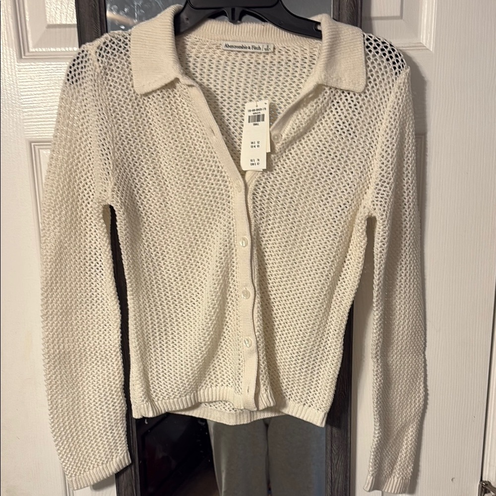 Abercrombie & Fitch Women's Cream Open-Knit Collared Cardigan